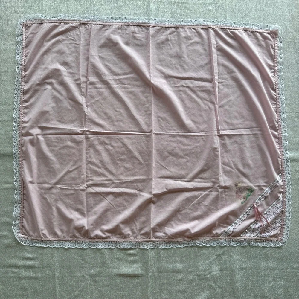 Vintage Pink Baby Blanket Lace Trim Girl Floral Bow 40x33